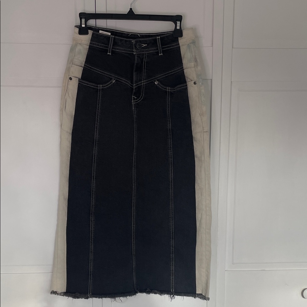 Two-Tone Black and Cream Maxi Denim Skirt SzM